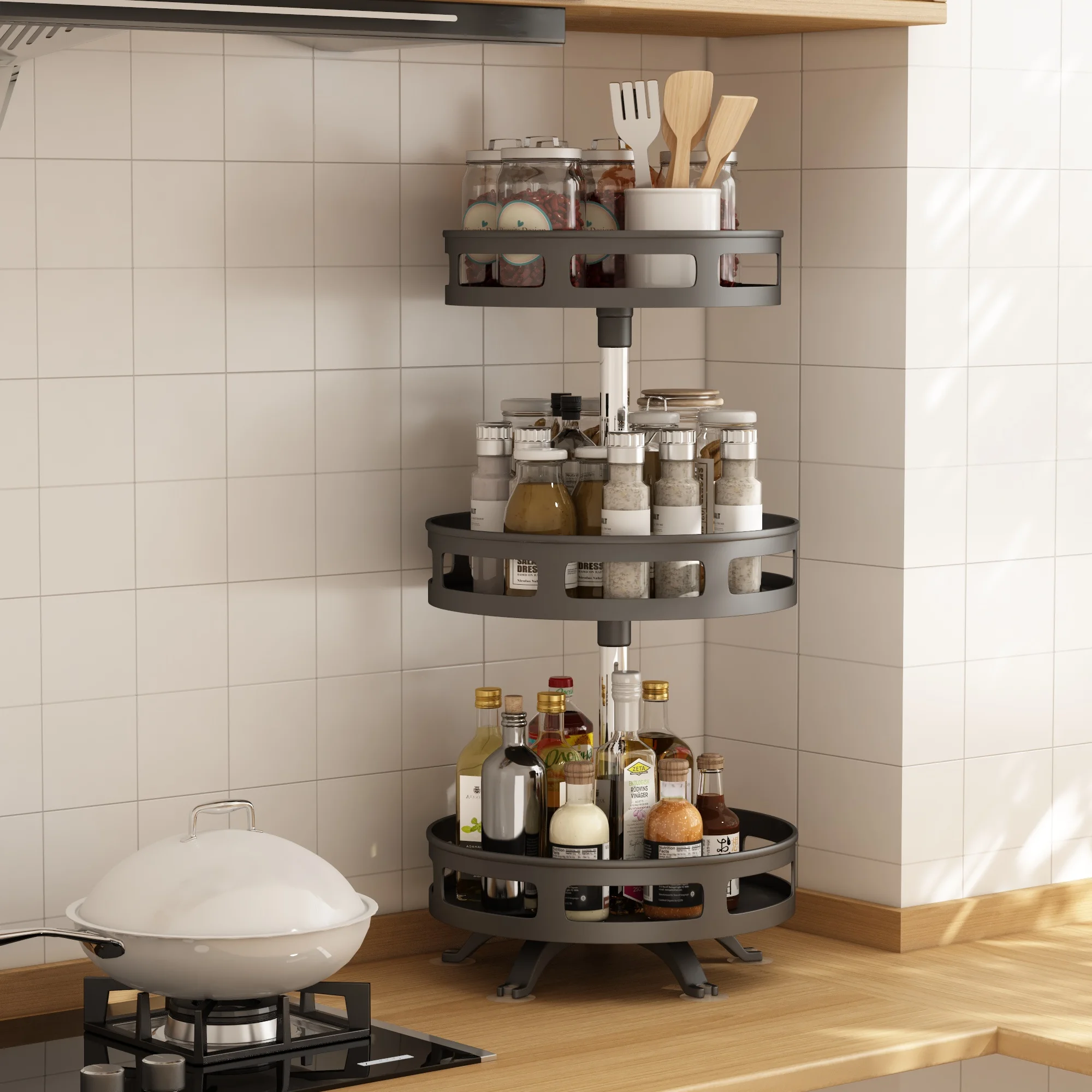 Rotating Stainless Steel Iron Spice Rack Basket Kitchen Storage Holder Seasoning Organizer Sink Versatile Home Kitchen Bathroom