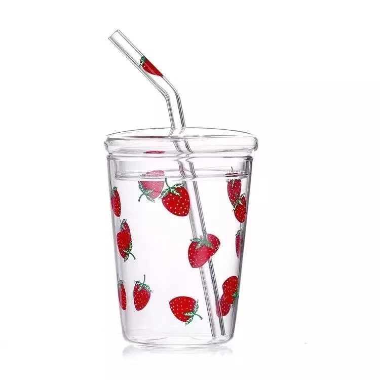 Drinking Glasses Heat Resistant Cold Cups Coffee Mugs with Lids and Glass Modern Round Straw / Tumbler with Strawberry Printing