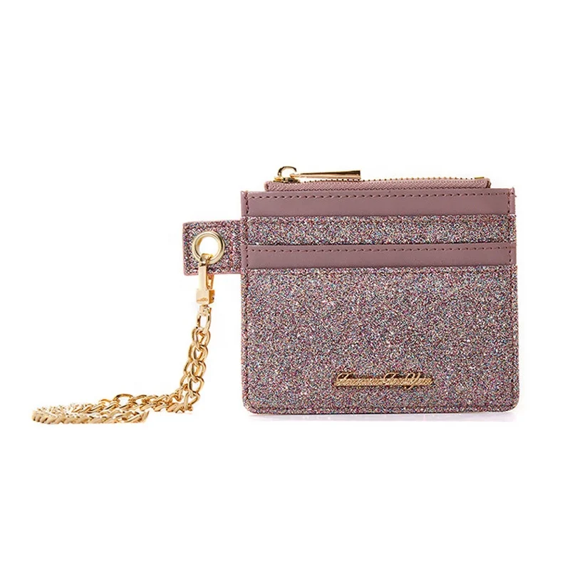 
Wholesale Mini Shiny Zipper Keychain Strap Portable Laser PU Leather Wallet Ladies Waterproof keychain card wallets for women 