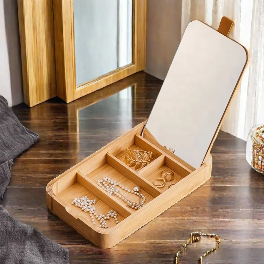 ZB BSCI Factory Bamboo Makeup Organizer with Mirror Convenient Storage Box for Your Daily Beauty Essentials