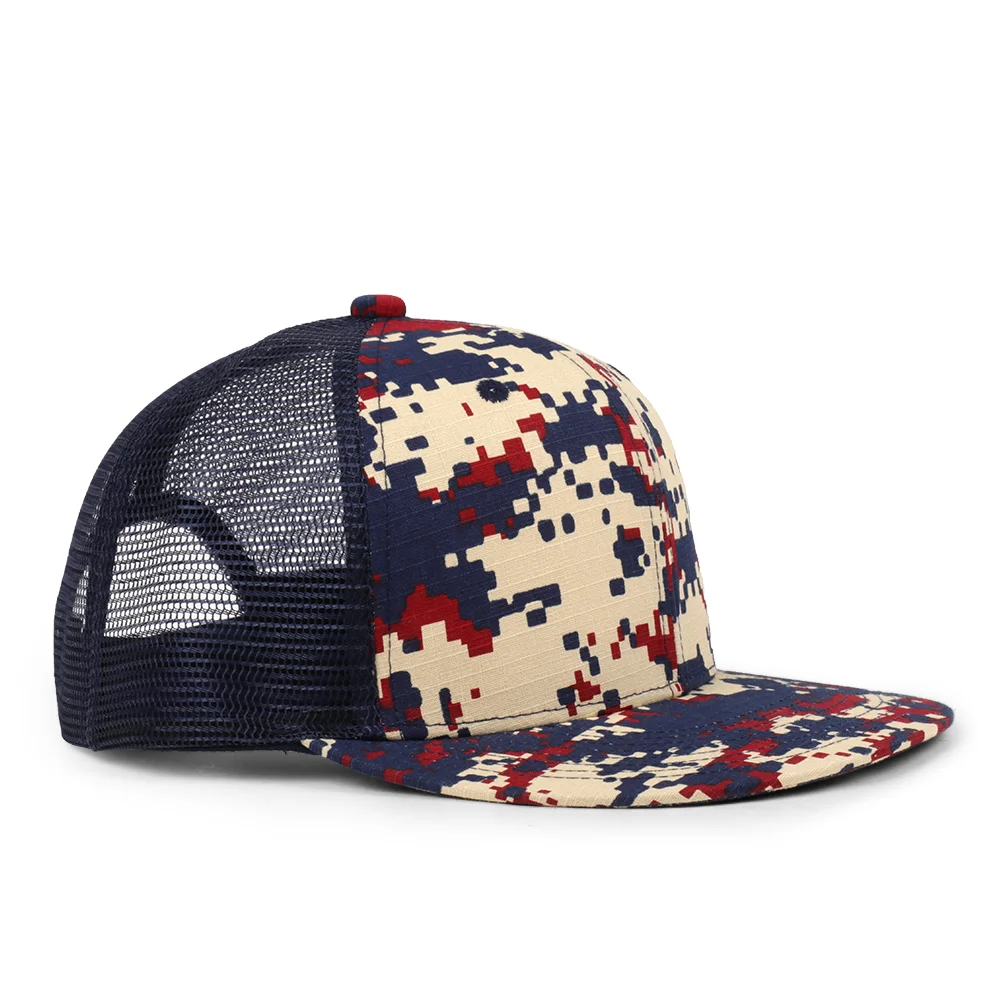 Custom Embroidery Plain Logo Camo Trucker Caps Wholesale 6 Panel Adjustable Flat Brim Trucker Mesh Hats