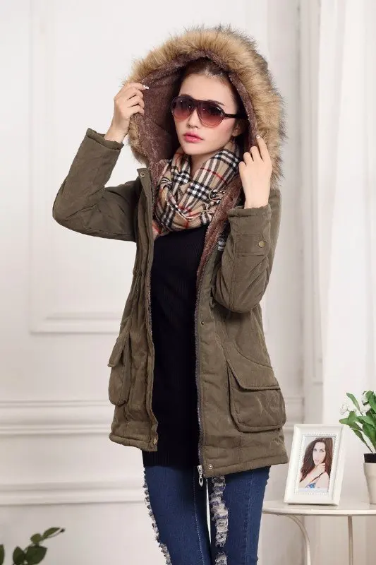 S2259 Faux Fur Lined Winter Parka Coat With Hooded Women Jacket Clothes
