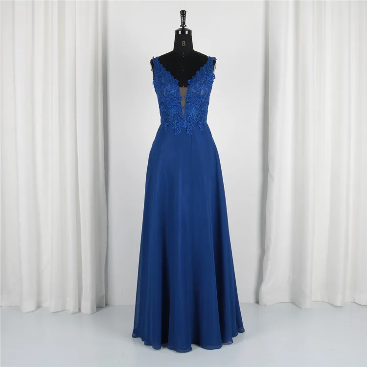 
Hot Sale Cheap Chiffon Lace Appliqued Backless Aline Evening Dresses Blue Prom Birthady Dresses 