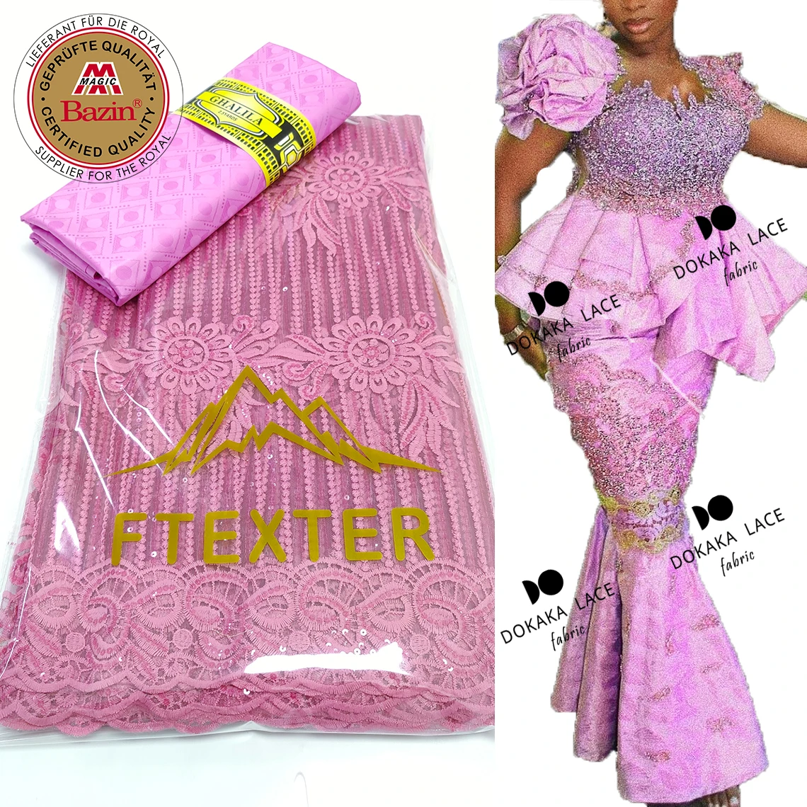 2021 Top Quality Ankara Bazin Riche Fabric And Sequined Net Lace With Guipure Elegant Nigerian Wedding Evening Gowns Net Laces