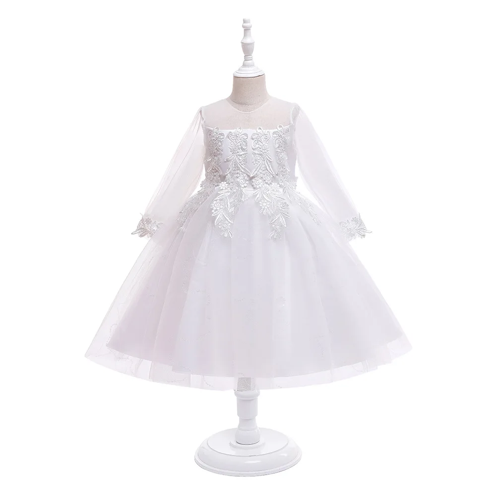 White flower girls birthday party long sleeve embroidery lace piano performance puffy tulle princess dress