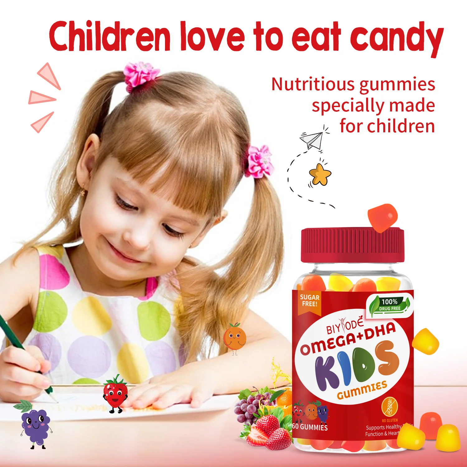 OEM ODM custom Kids Supplements Omega 3 6 9 Vitamin C D Brain Function Heart Eyes Health Children Grow Taller DHA Gummies