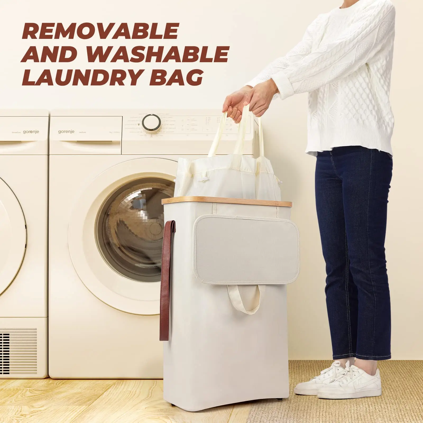 52L Slim Laundry Basket Collapsible Narrow Laundry Hamper with Removable Washable Laundry Bag