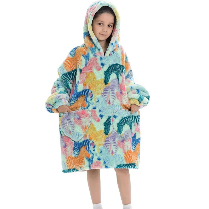 Blanket hoodie wearable blanket sweatshirt oversize thermal jumper lazy hoodie for children warm nice print hoodie blanket
