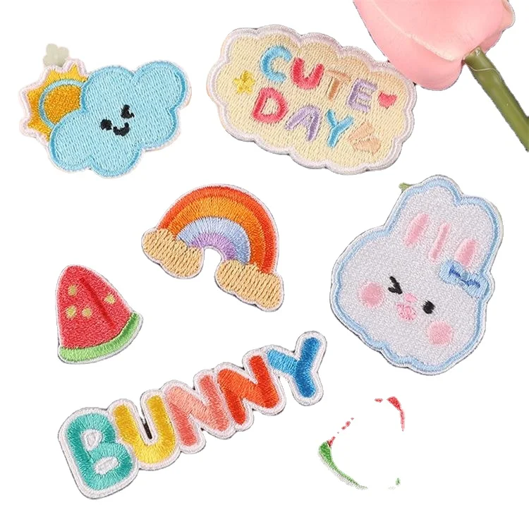 6 PCS Cartoon rabbit letter embroidery badge logo clothing accessories CUTE DAY patch self-adhesive cloth BUNNY patch