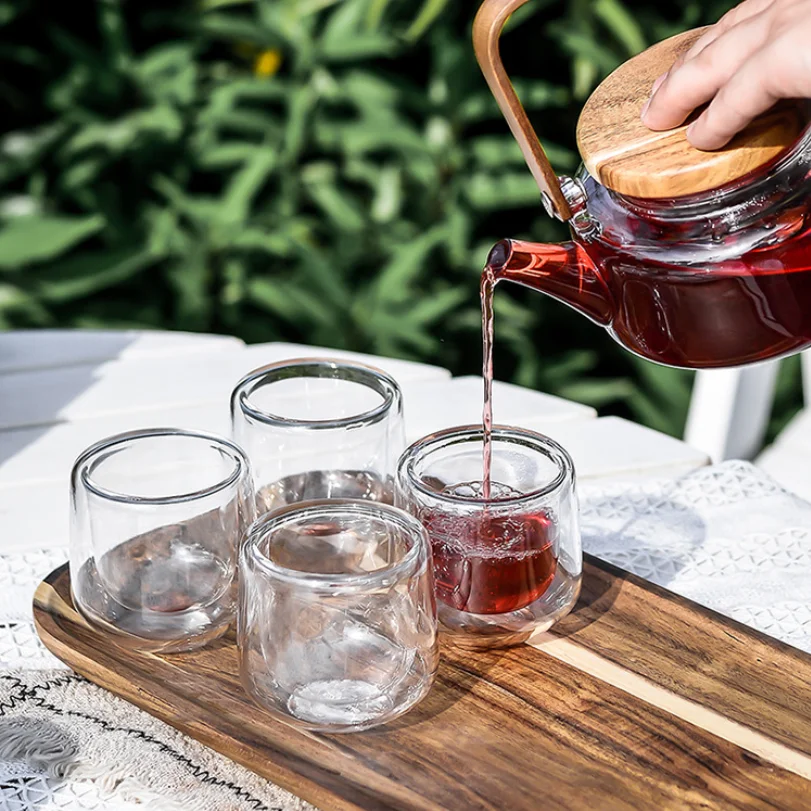 
Elegant Double Wall Tea Pot Glass Set With Bamboo Lid 