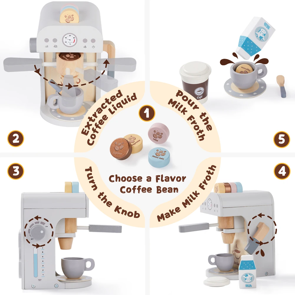 Pretend Wooden Kitchen Toys Kids Simulation Kitchenware Girl Gift Toys Kids Kitchen Play Home Puzzle Coffee Machine Set