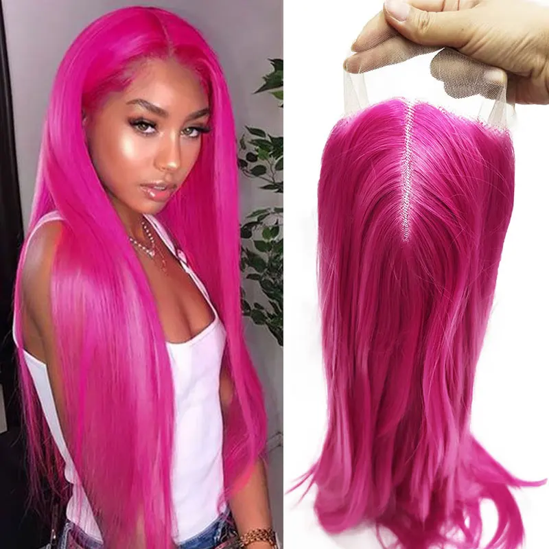Cheap Hot Pink Colorful Wigs 13x4 T Part Silky Straight Transparent Futura Heat Resistant Synthetic Hair Wigs for Black Women