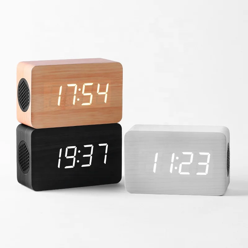 BT Speaker Digital Wooden alarm clock Portable Home Office Bedroom Travel LED light Display Audio System wood desk clock