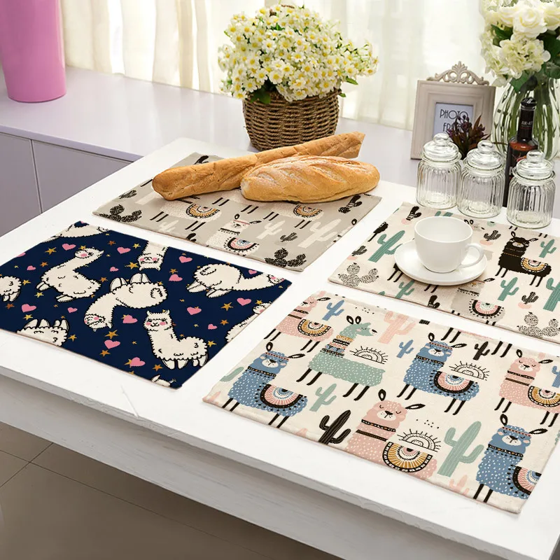 
Cartoon cute alpaca animal printed cotton and linen cloth western place mat 