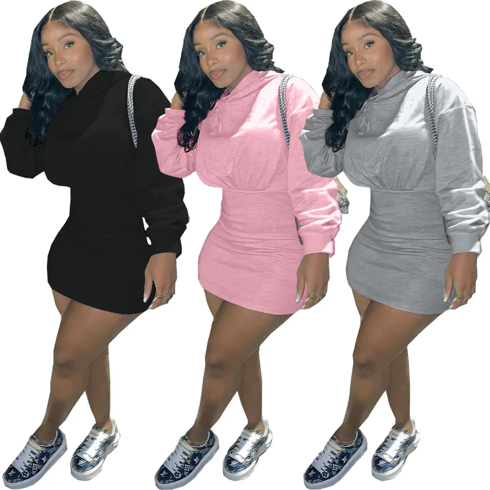 Wholesale Sports Wear Sweat Cotton Dress Women Hoodies Long Sleeve Sweatshirt Short Dresses Women Fall Clothes