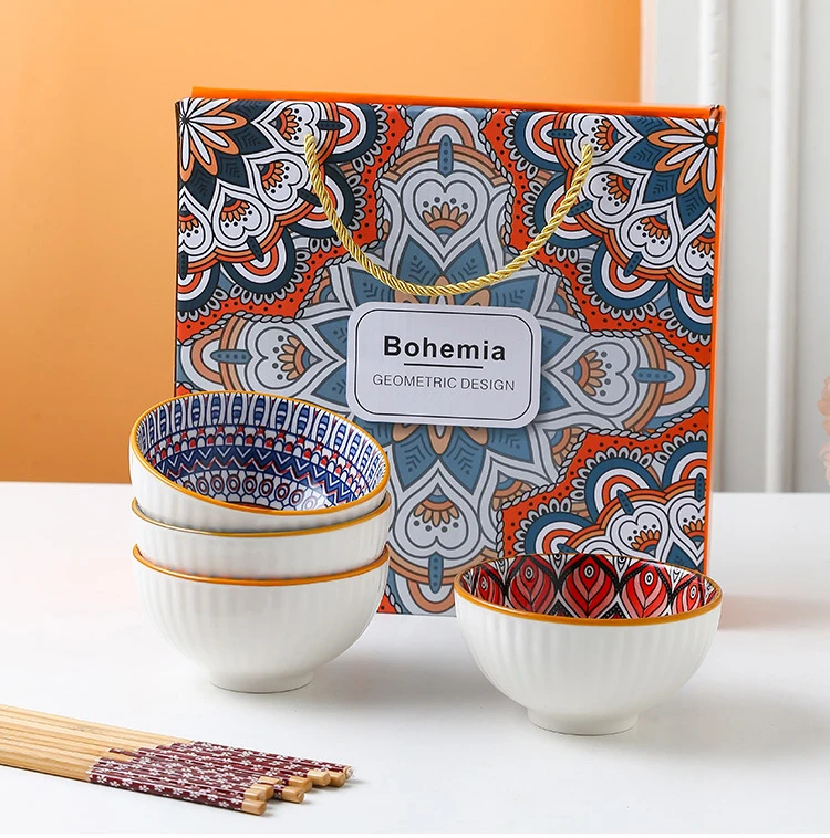 2022 New 4.5 inch Bohemia Style Ceramic Bowls with Chopsticks Set Porcelain Bowl Set Rice Bowl For Gift Christmas