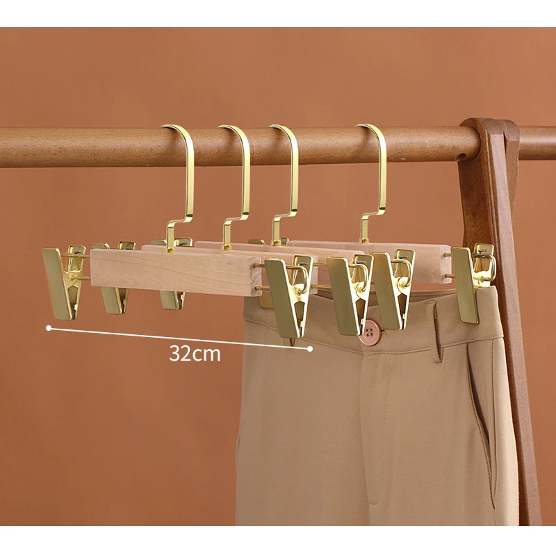 Wholesale Natural Color Widen Top Clothes Suit Solid Wood Hangers with Flocking Bottom Pant Hanger for Garment Store