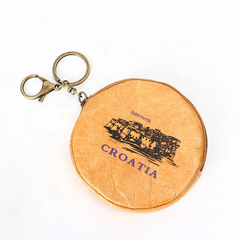 Factory custom mini  coin  purse round shape key bag  brown Tyvek  paper  storage bag waterproof   wallet