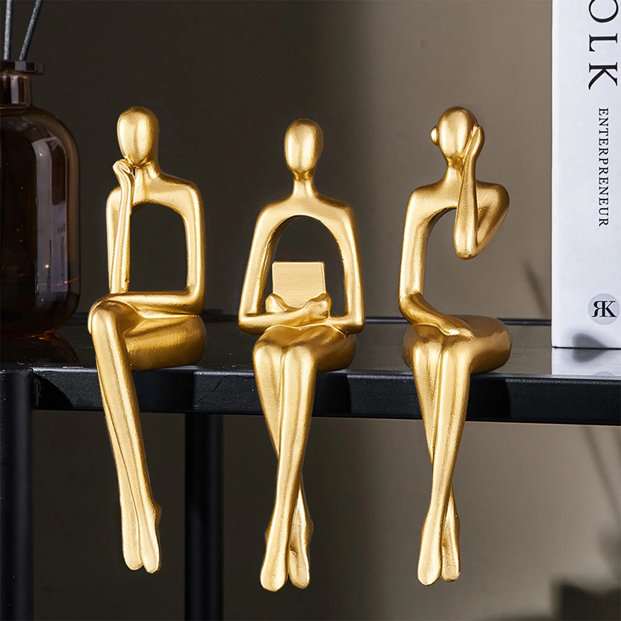 NISEVEN Modern Decor Sitting Thinker Statue Abstract Gold Sculpture Home Decor Accents Resin Collectible Figurines