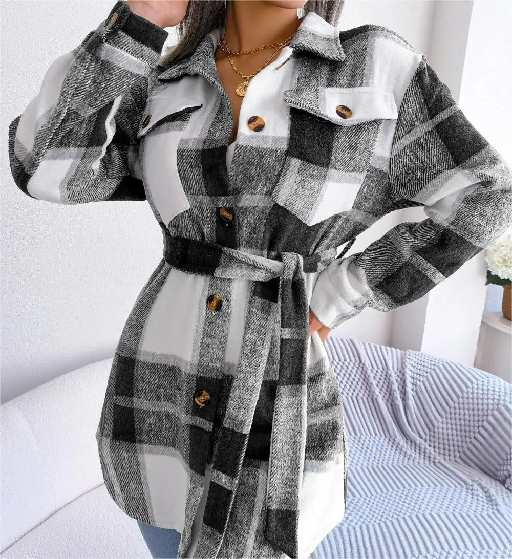 Plaid Ladies Wool Coat Outwear Jacket Winter Casual Warm Coats for Women