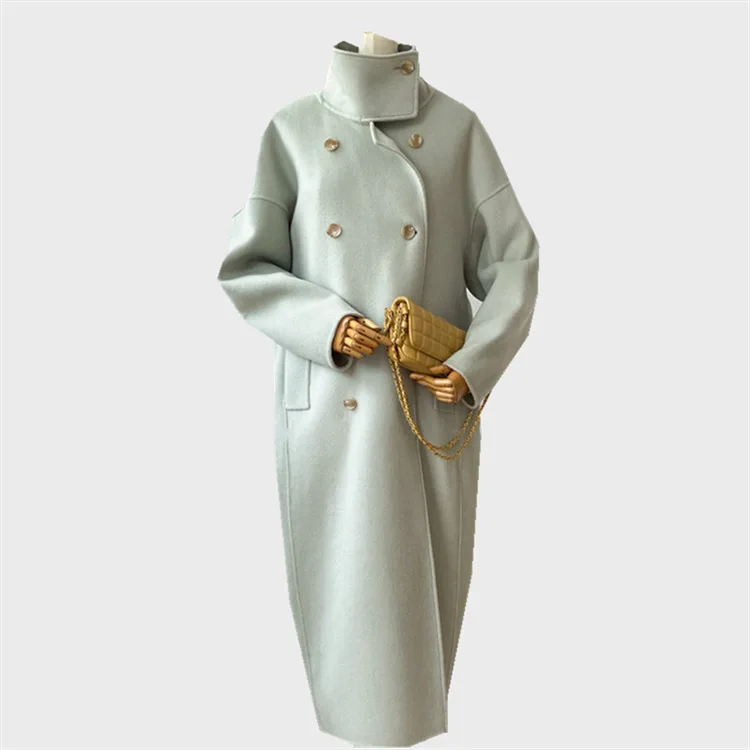 Оптовая продажа, новый дизайн, Осень-зима, женское двубортное пальто на пуговицах с длинным рукавом для девочек, модное шерстяное длинное пальто