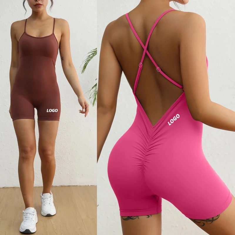 Ladies New Yoga Pilates Fitness Clothes Shorts Gym Jumpsuits for Women, Cross Back Seamless Pole Dance Leotard Workout Romper