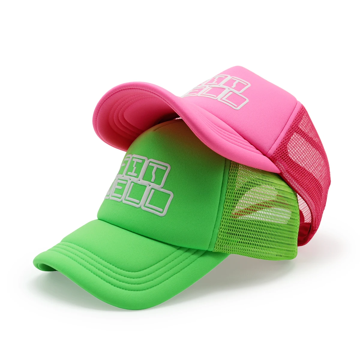Manufacturer Custom High Quality 5 Panel gorras Mesh Neon Green Pink foam front trucker hat puff printed