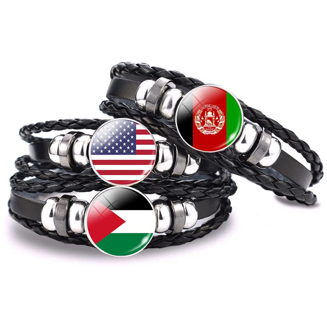Wholesale Soccer Cup Custom Multi-layers 287 Countries National Flag Woven Leather Bracelets Wristbands Football Fans Gifts