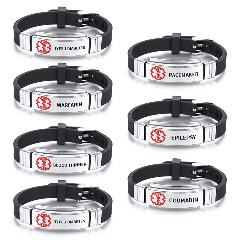 Amazon горячая распродажа Оптовая Продажа 16-21 см нержавеющая сталь изогнутой бренд силиконовые медицинские браслет с логотипом 7 заболеваний Аварийный Браслет