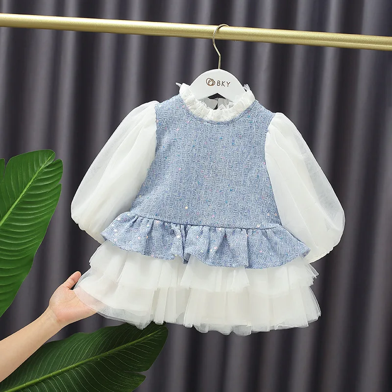 CYB20445 Childrens dress winter girls mesh bubble sleeve princess tweed Plush cake skirt kids dresses for girls