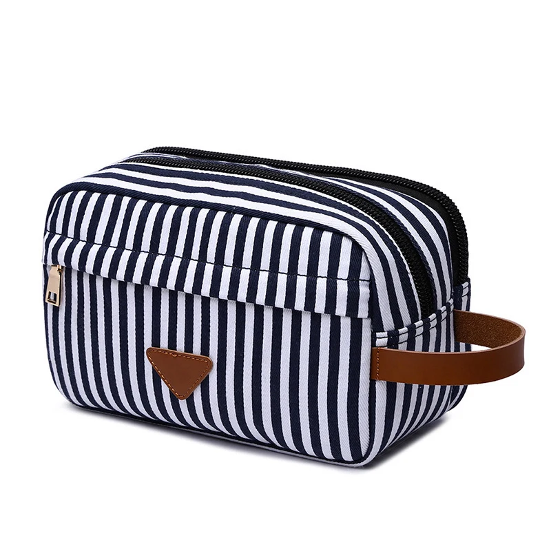 Aosheng  mens women  small blue white Striped canvas zipper travel cosmetic makeup pouch bag
