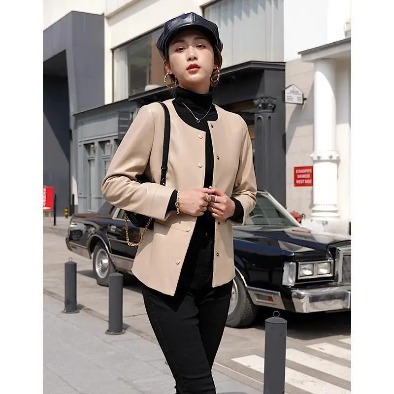 Spring women formal beige jacket coat leather genuine jacket for women beige