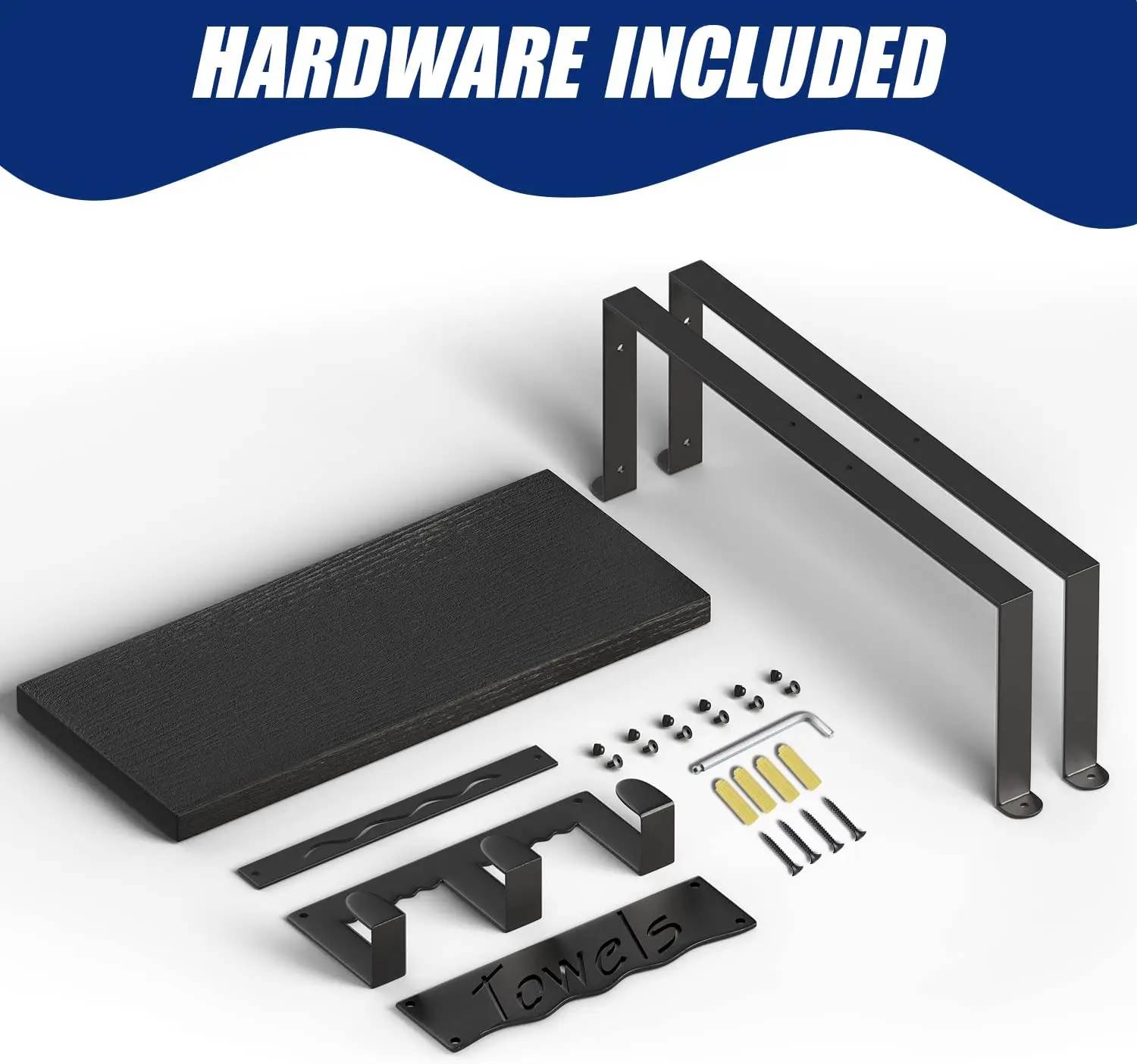 Metal Towel Holder for Bathroom Wall with 3 Hooks and Wooden Shelf - Matte Black Towel Racks for Bathroom