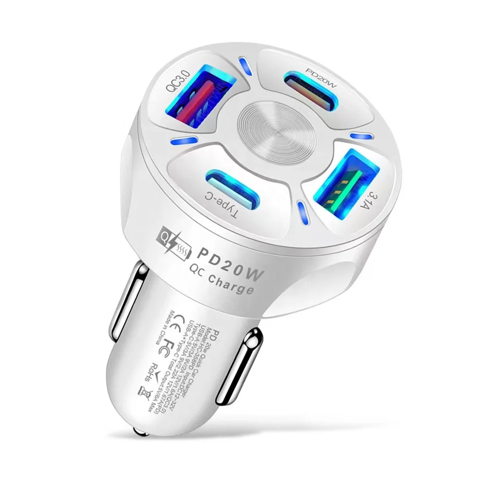 4 Ports 20W USB-C PD+QC 3.0 3.1A 2 USB+Type-c Fast Car Charger for iPhone/Samsung