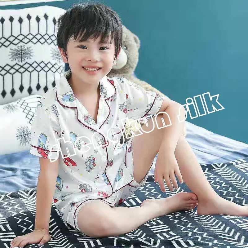 Little Girls Boys Classic Silk night Sleepwear High quality 100% Pure Silk  Pajamas sets