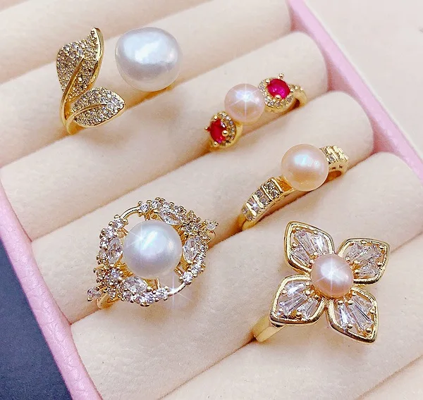 PUSHI New Luxury Openable Adjustable Zircon Pearl Rings Plated Engagement Rings in Bulk Wholesale Lot Rings Gold for Women NGTC