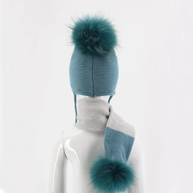 Winter Baby A Set of Hat and Scarf with Double Fur Pompom for Children two pieces Braid Hat