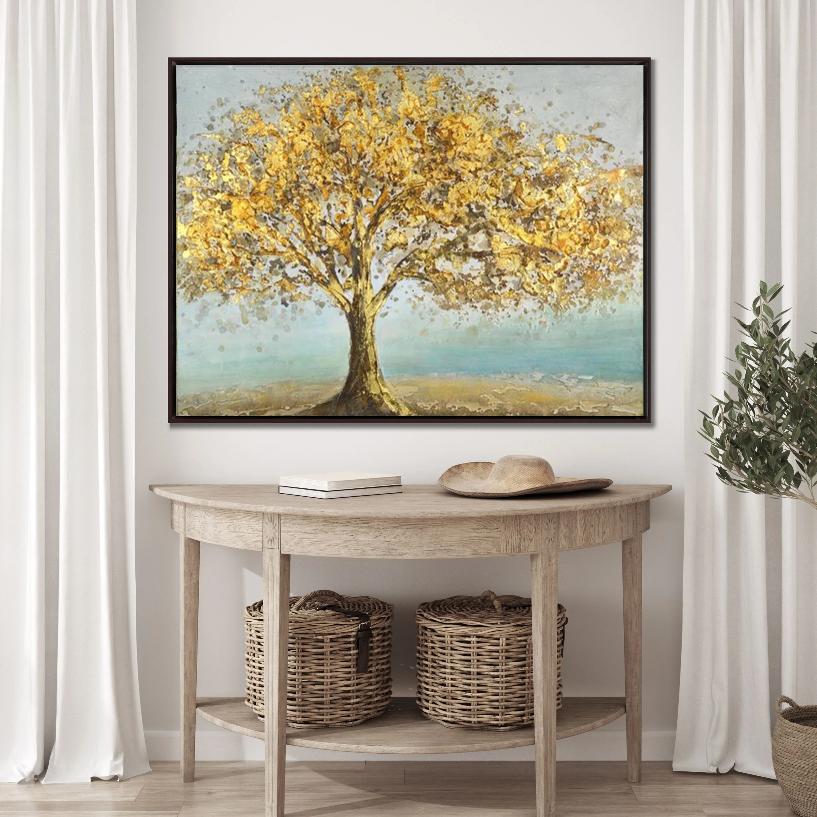 Hand painted abstract oil painting gold tree hanging painting modern gold leaf decorative painting