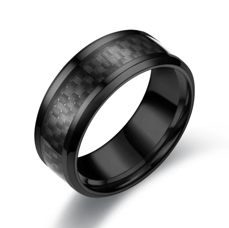 Wholesale stainless steel ring 8mm Carbon Fiber Inlay Black Zirconium Ring for Men