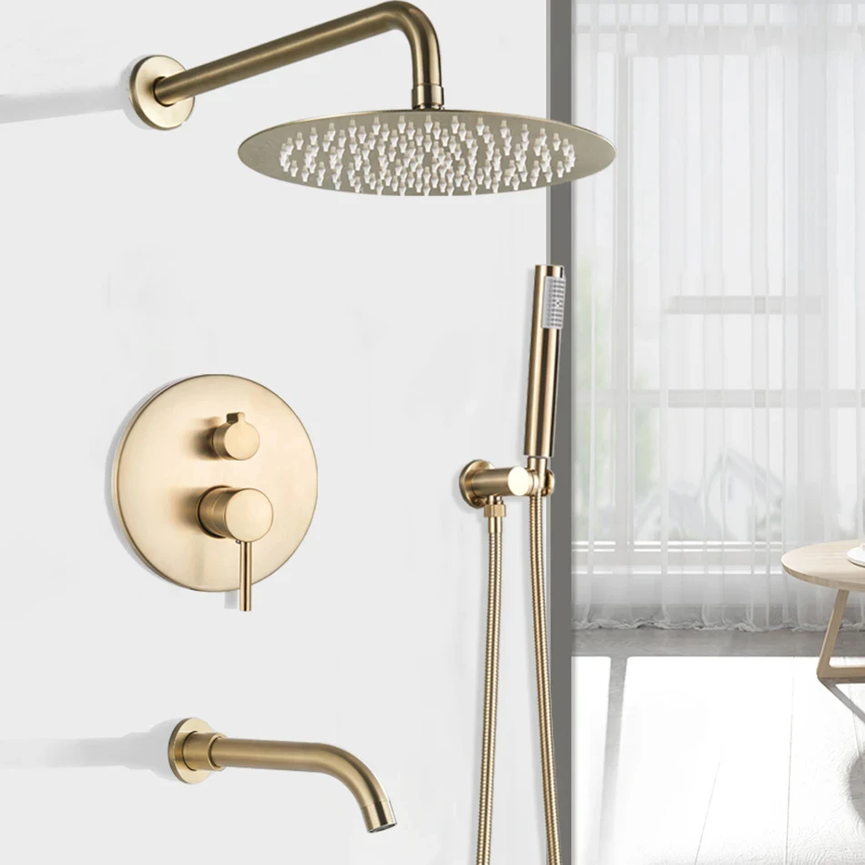 Brushed Gold Shower Faucet Wall Mount Big Rainfall Head Hand Sprayer Bathtub Taps Bath shower set manufacturer