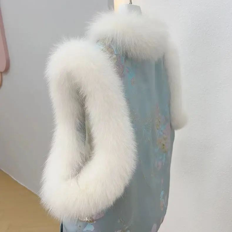 Custom Girls Plus Size waistcoat V-neck Genuine Fox Fur Vest with Denim Goose Down Cotton Filling Short Length at an Price
