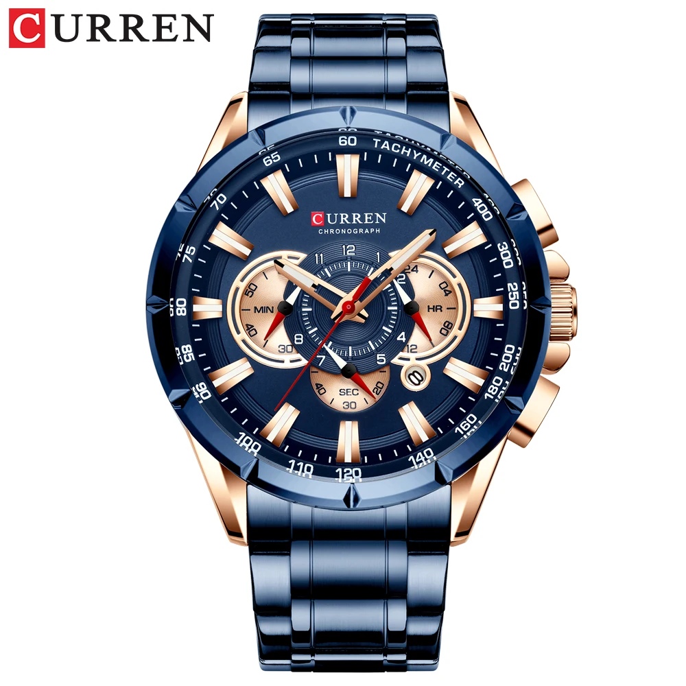 CURREN 8363 новый дизайн синие мужские часы хронограф из нержавеющей стали Кварцевые с поясом для человек 3atm водостойкие наручные