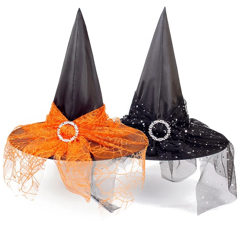 Wholesale Spot Goods Halloween Party Black Witch Hat With Veil Spider Web Lace Halloween Costume Accessory Support Custom