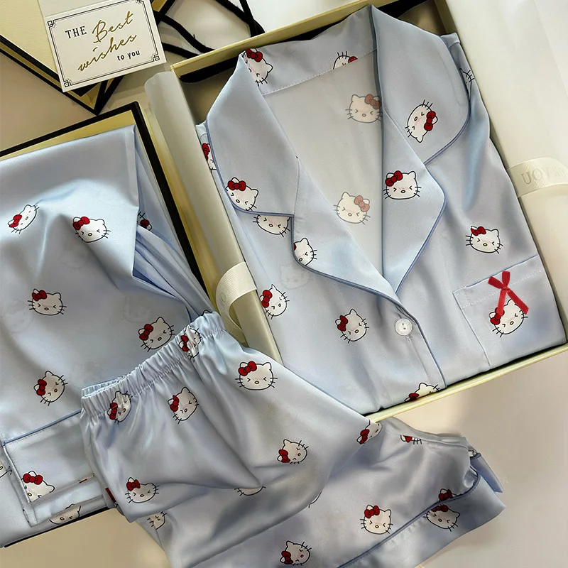 Cute cartoon Hello kt Kitty high-end ice silk pajamas that can be worn outside three piece pajama set