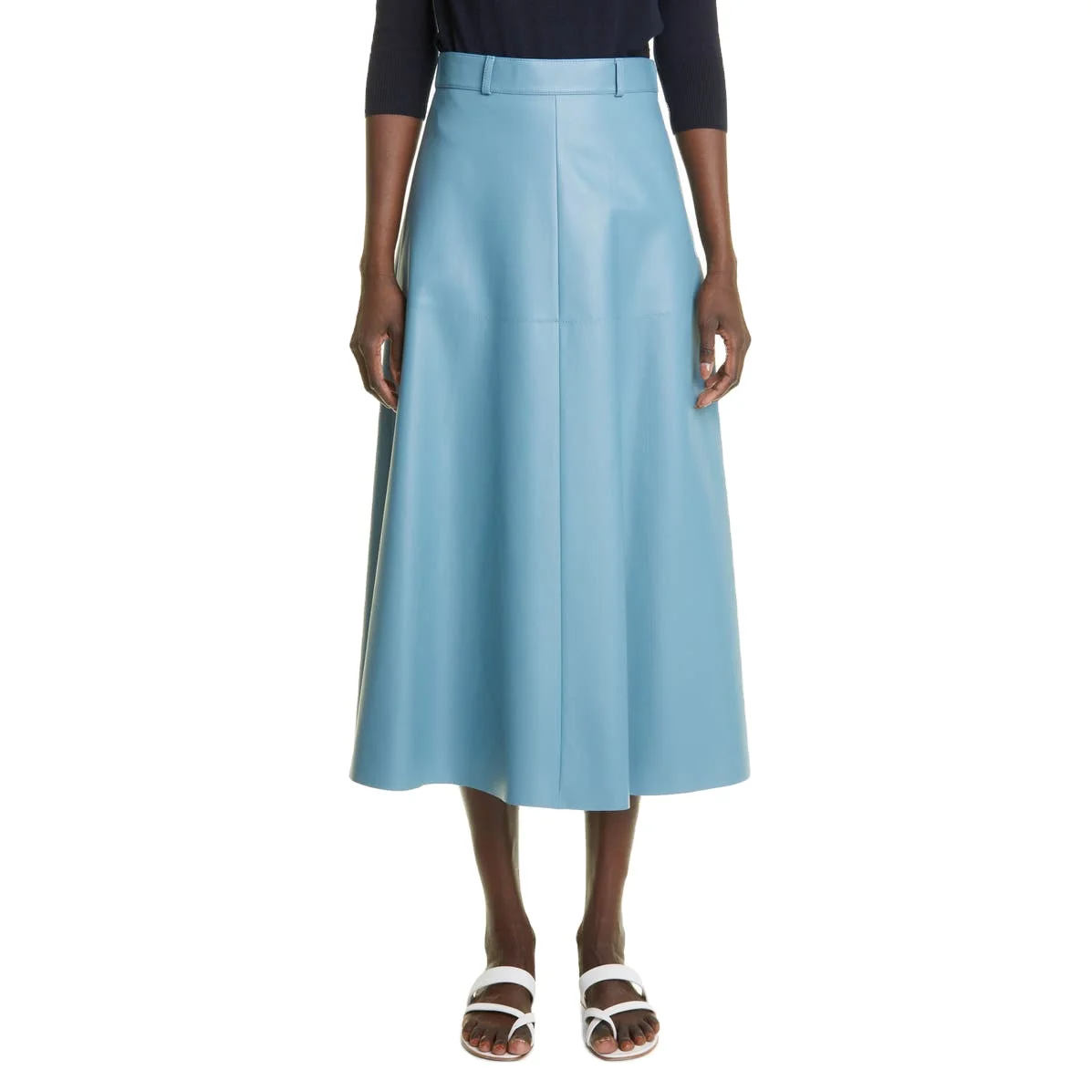 Latest Design Summer Fashion Casual Custom High Waist Elegant Retro Blue Leather Midi A Line Skirt For Women Office