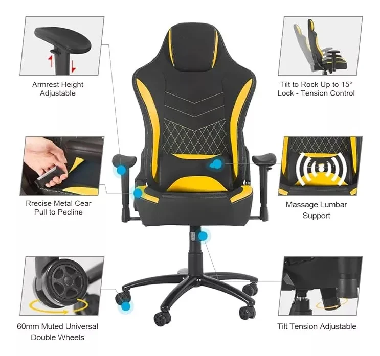 Brazil Stretch Cloth Cat Paw Cloth Yellow Gaming Chair with Wireless Gaming Keyboard and Mouse Armrest Pad for Arms and Elbows