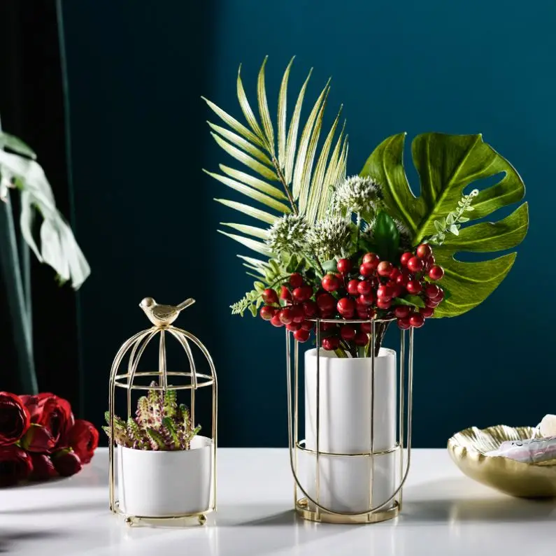 Nordic Gilded Bird Cage Iron Frame Vase Golden Iron Ceramic Flower Pot Home Decoration