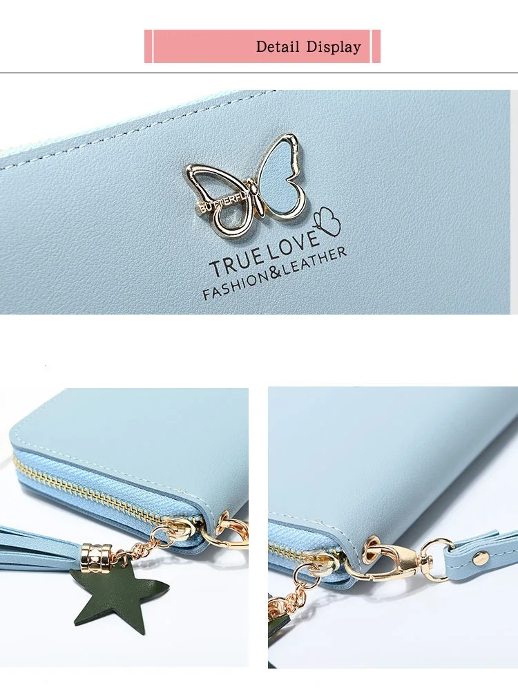 2019 New Style Fashion Versatile Large Capacity Butterfly Long Zipper Wallet For Women With Handle Belt,Lady Cell Phone Bag