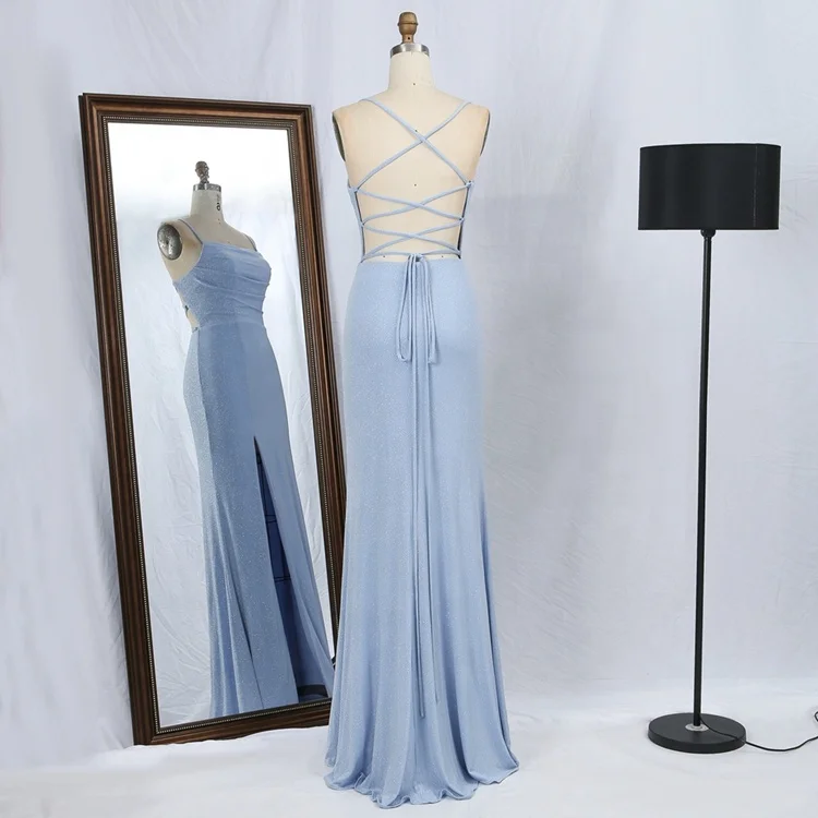 Light Blue hand pleated sleeveless lace up back side slit shiny stretch satin prom dresses