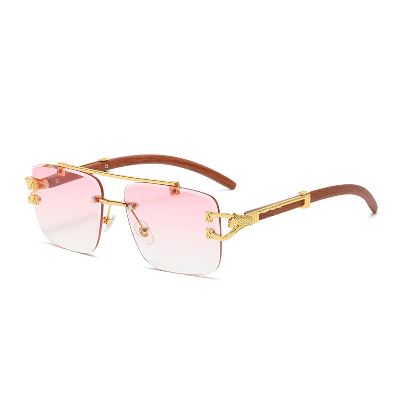 Wholesale Trendy Retro Metal Wooden Sunglasses Double Beam Glasses Personalized Small Frameless Shades for Women